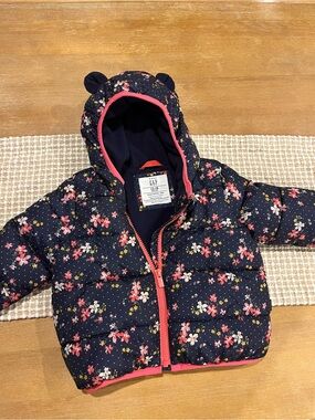 GAP Navy Floral Hooded Puffer Jacket with Pink Trim and Ear Detail 12-18m